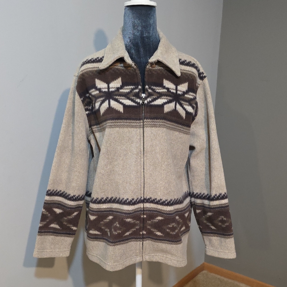 Jones‎ New York Women's Beige Aztec Fleece Zip Up Sz Med P